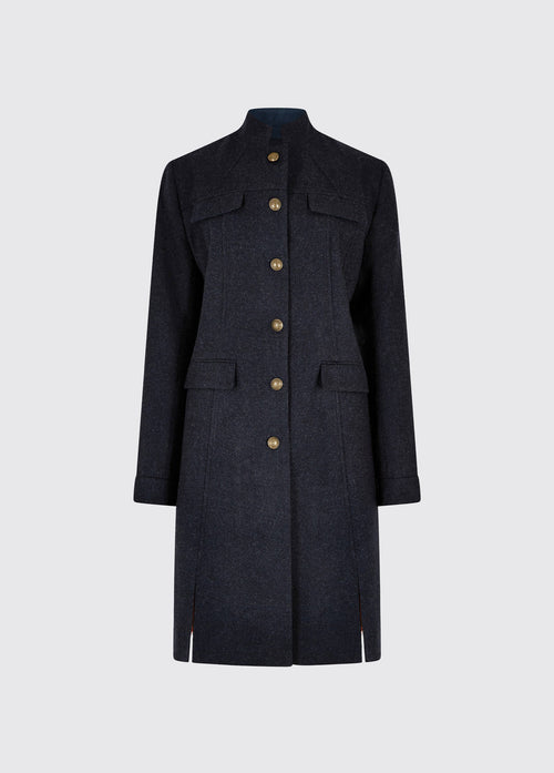 Dubarry women's Coolepark Tweed Navy Coat with button front style, double front splits and pocket flaps.