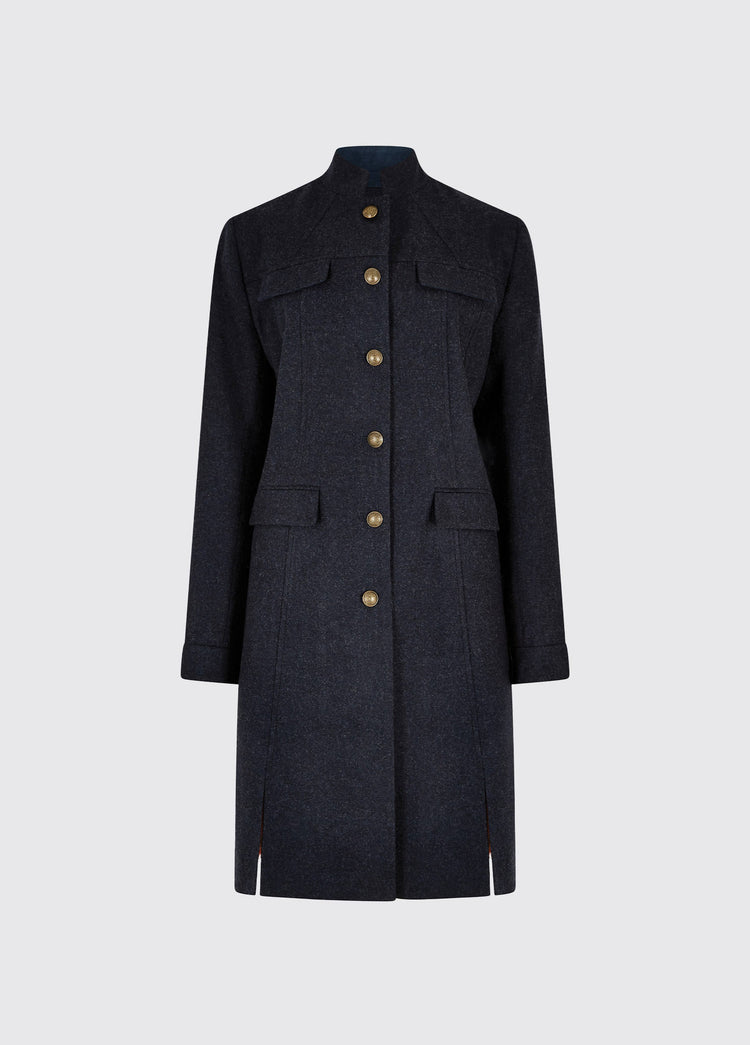 Dubarry women's Coolepark Tweed Navy Coat with button front style, double front splits and pocket flaps.