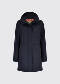 Dubarry women's Hedgerow Tweed Navy Coat with a two-way, civered centre front zip, vertical pockets and high standing collar.