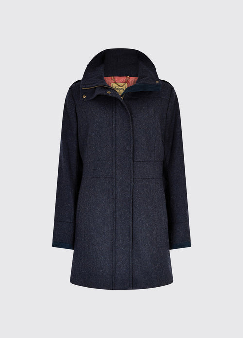  Dubarry women's Hedgerow Tweed Navy Coat with a two-way, civered centre front zip, vertical pockets and high standing collar.