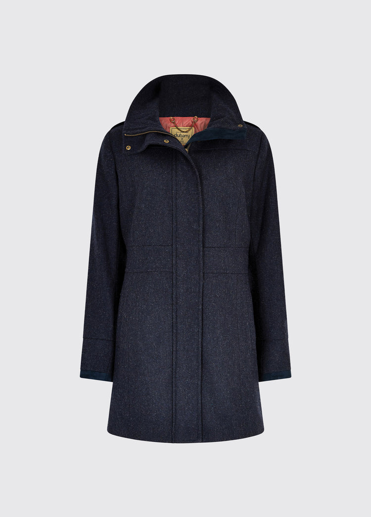  Dubarry women's Hedgerow Tweed Navy Coat with a two-way, civered centre front zip, vertical pockets and high standing collar.