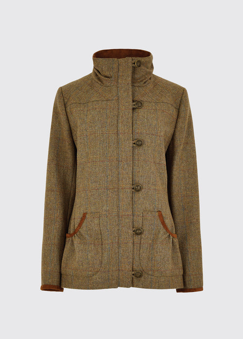 Dubarry women's Bracken Tweed Burren Jacket with full-length, patch pockets and stand-up collar.