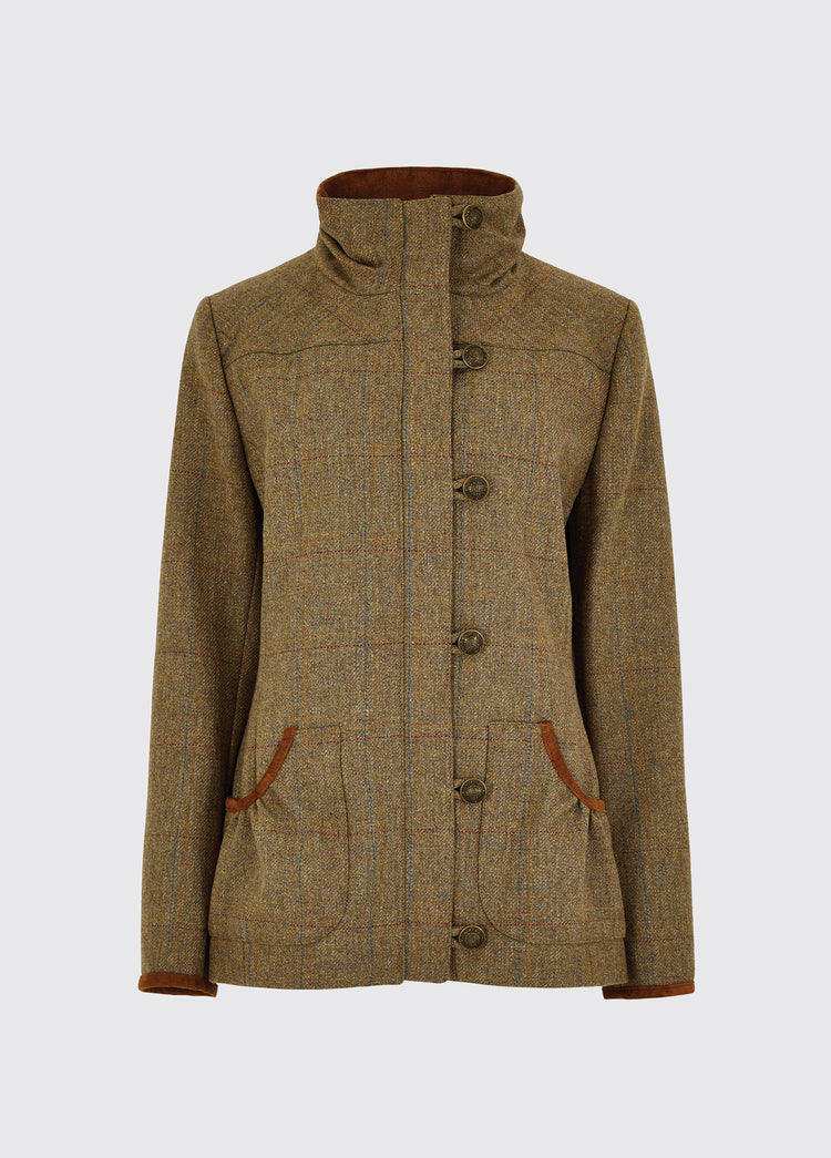Dubarry women's Bracken Tweed Burren Jacket with full-length, patch pockets and stand-up collar.