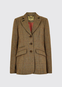 Dubarry women's Darkhedge Tweed Burren Jacket with stripe sleeve lining, buttons and single back vent.