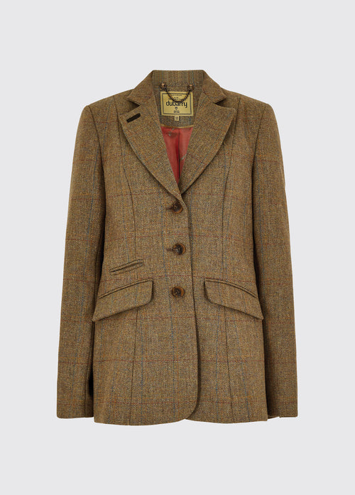 Dubarry women's Darkhedge Tweed Burren Jacket with stripe sleeve lining, buttons and single back vent.