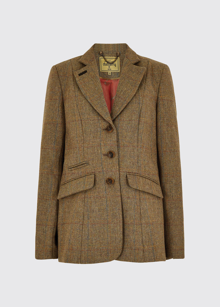 Dubarry women's Darkhedge Tweed Burren Jacket with stripe sleeve lining, buttons and single back vent.