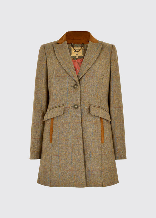 Dubarry women's Treefern Tweed burren jacket with smart button fastenings and pockets are trimmed with suede. 