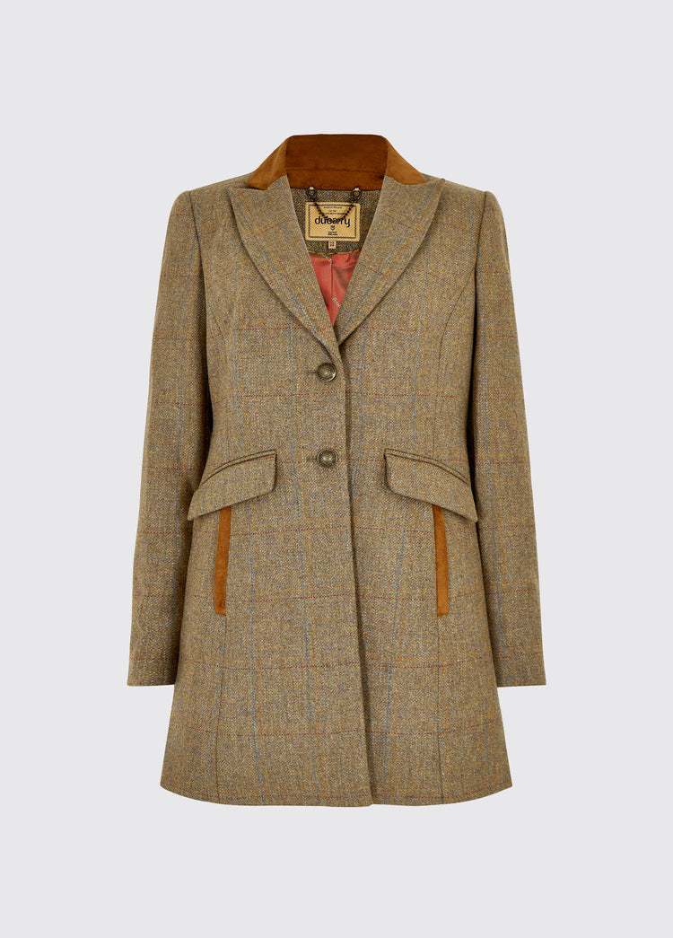 Dubarry women's Treefern Tweed burren jacket with smart button fastenings and pockets are trimmed with suede. 