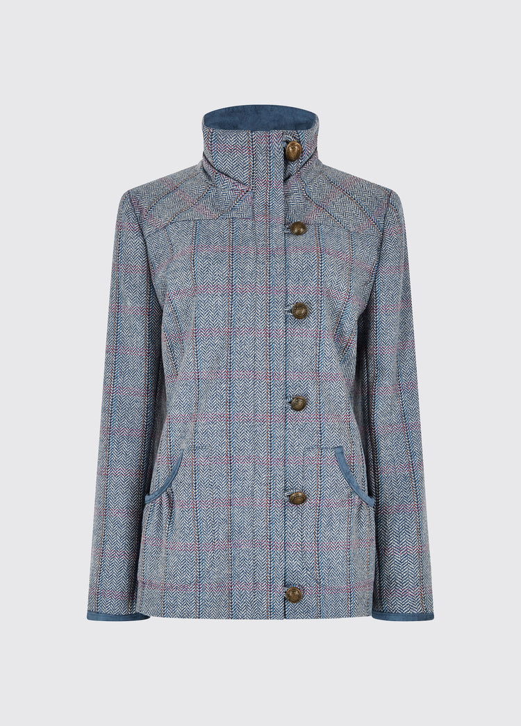Dubarry women's Bracken Tweed Denim Haze Jacket with cast metal buttons and full-lenght zip which extends to the stand-up collar.
