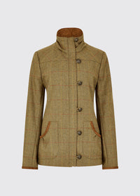 Dubarry women's Bracken Tweed Elm Coat with eye-catching cast metal buttons with a full-lenght-zip and a stand-up collar with eye-catching cast metal buttons.