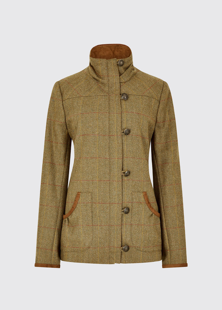 Dubarry women's Bracken Tweed Elm Coat with eye-catching cast metal buttons with a full-lenght-zip and a stand-up collar with eye-catching cast metal buttons.