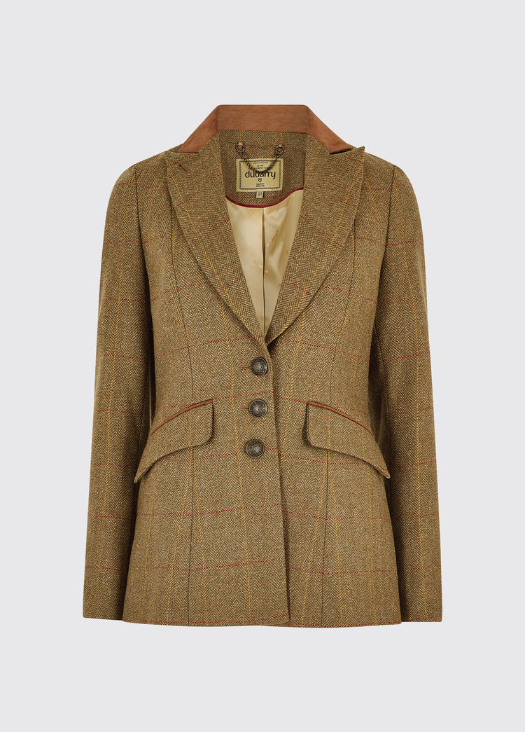 Dubarry women's Heather Tweed Elm Coat. A three button fit and flare hacking jacket with contrasting collar and cuffs.