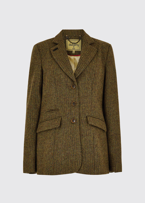 Dubarry women's Darkhedge Tweed HeathJacket with stripe sleeve lining, buttons and single back vent.