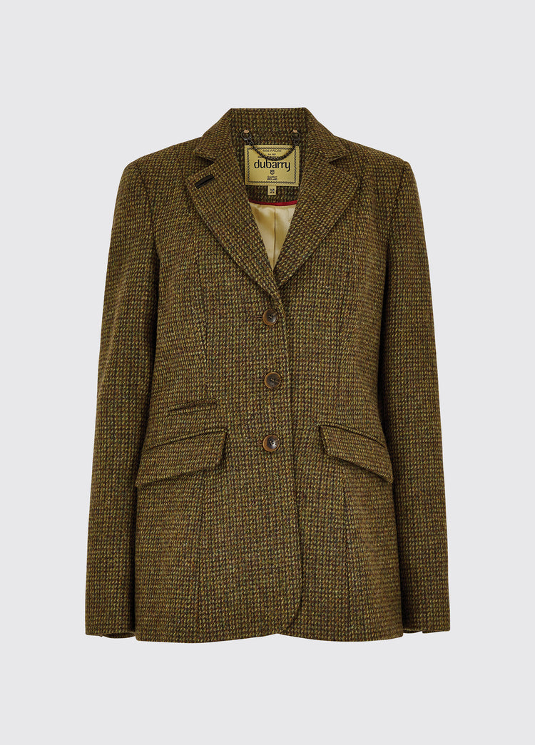 Dubarry women's Darkhedge Tweed HeathJacket with stripe sleeve lining, buttons and single back vent.