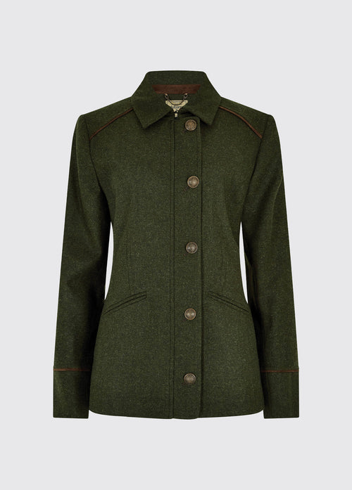 Dubarry women's Slievebloom Tweed Loden Coat with metal buttons, collar and signature lining.