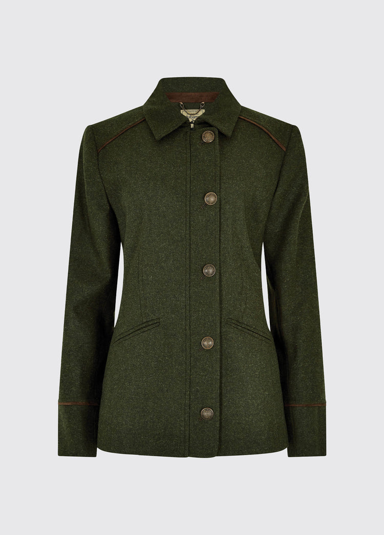Dubarry women's Slievebloom Tweed Loden Coat with metal buttons, collar and signature lining.