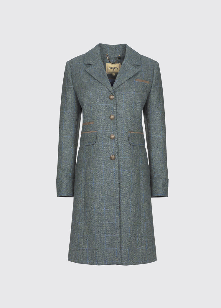 Dubarry women's Blackthorn Tweed Mist Coat with three-quarter-length, side splits and besom pockets.