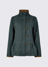 Dubarry women's Bracken Tweed Mist Coat with cast metal buttons, full-length zip and stand-up collar.