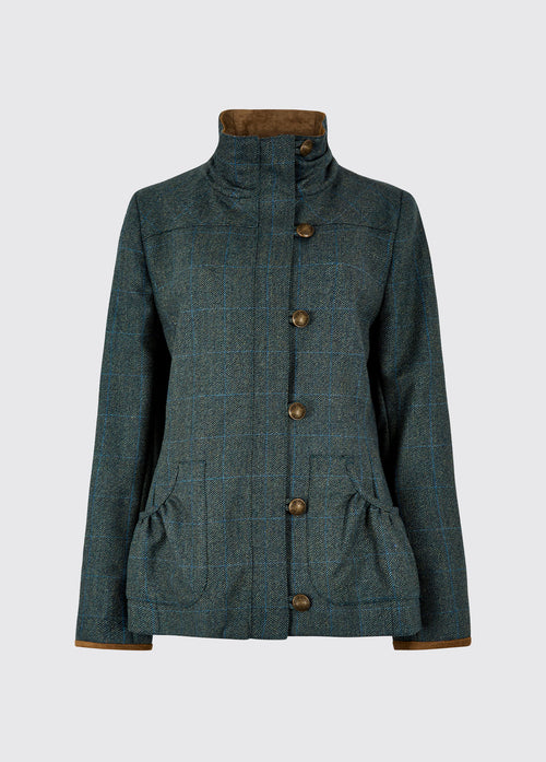Dubarry women's Bracken Tweed Mist Coat with cast metal buttons, full-length zip and stand-up collar.