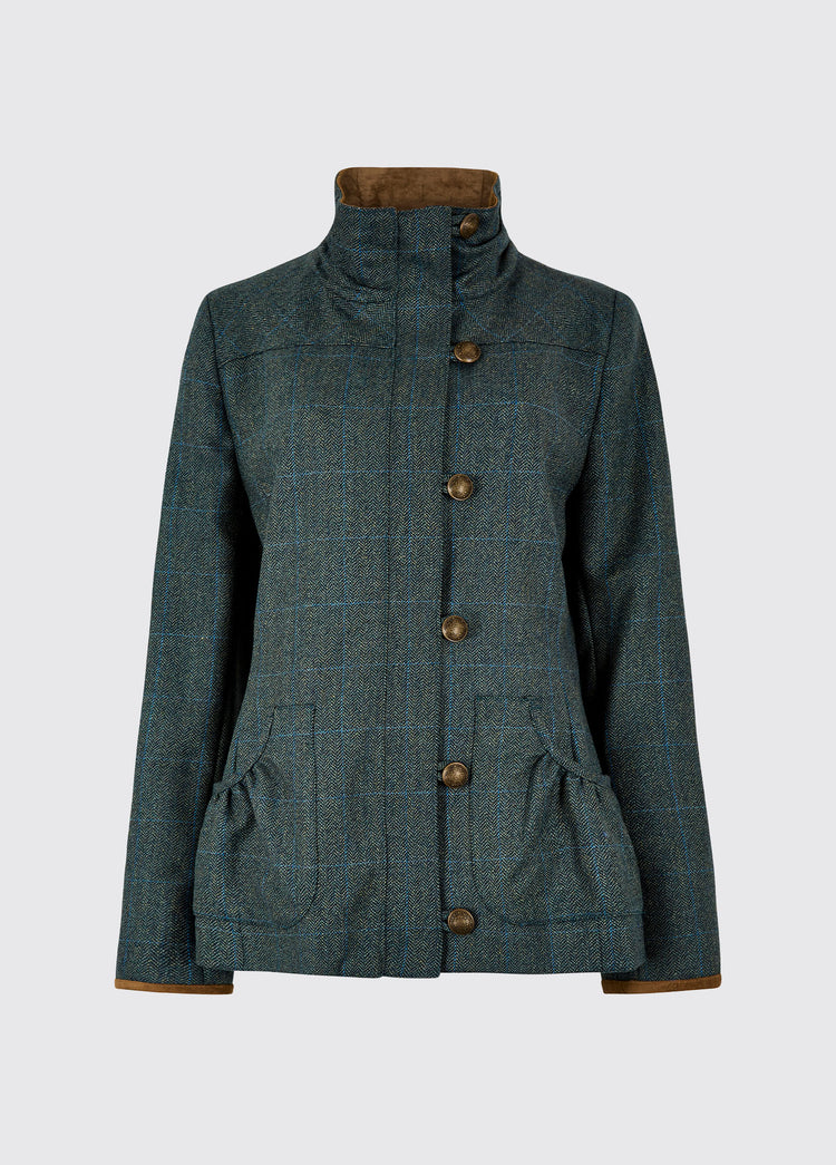 Dubarry women's Bracken Tweed Mist Coat with cast metal buttons, full-length zip and stand-up collar.