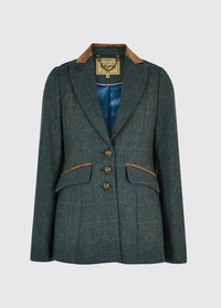 Dubarry women's Heather Tweed Mist Blazer with stripe sleeves and metal buttons.