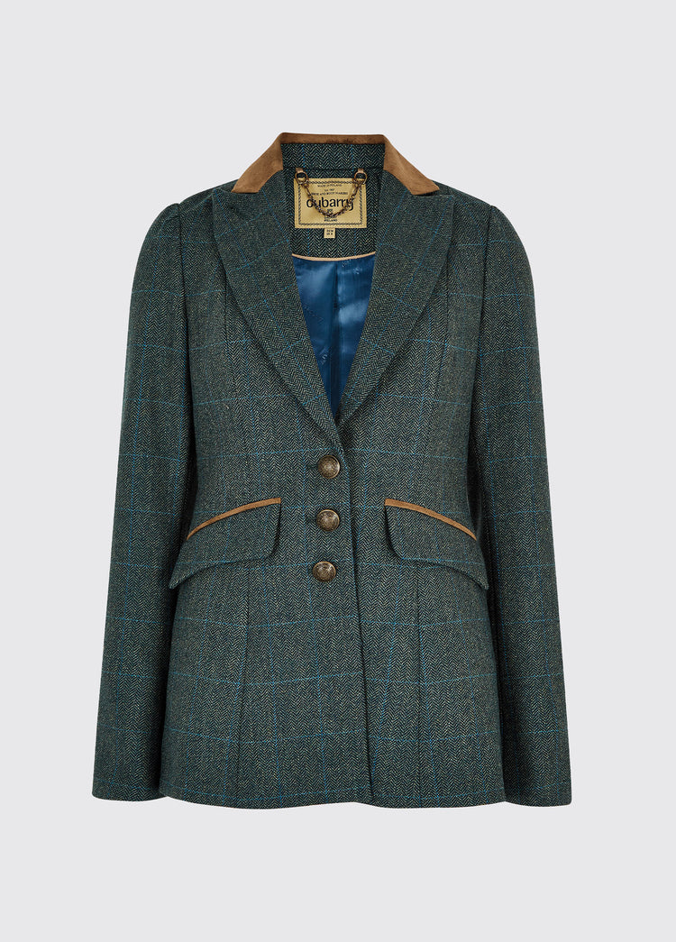 Dubarry women's Heather Tweed Mist Blazer with stripe sleeves and metal buttons.