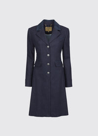 Dubarry women's Blackthorn Tweed Navy Coat, a three-quarter-length tailored jacket made from 100% wool, besom pockets and chain-hang loop. 
