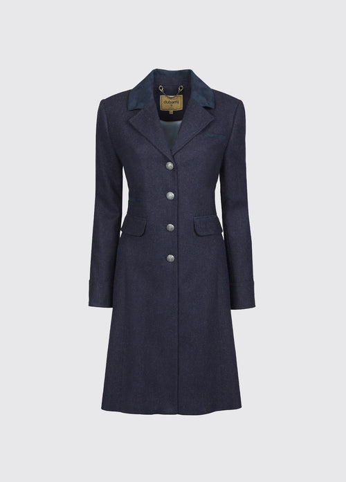 Dubarry women's Blackthorn Tweed Navy Coat, a three-quarter-length tailored jacket made from 100% wool, besom pockets and chain-hang loop. 