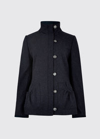 Dubarry women's Bracken Tweed Navy Coat with metal buttons, a full-length zip and stand-up collar.