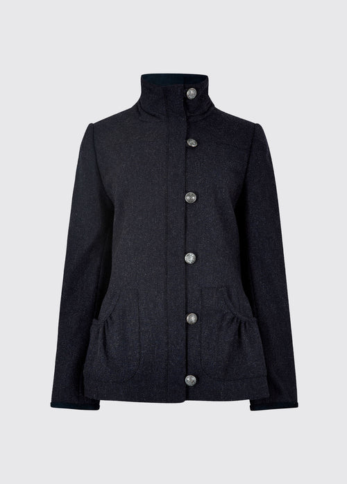 Dubarry women's Bracken Tweed Navy Coat with metal buttons, a full-length zip and stand-up collar.