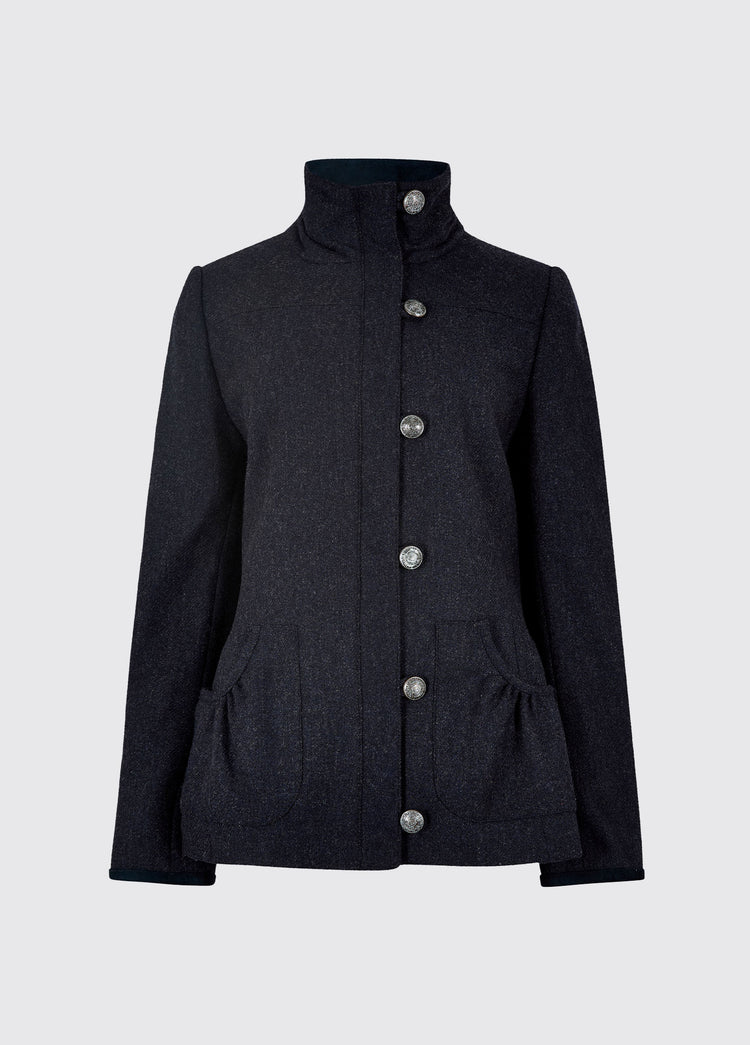 Dubarry women's Bracken Tweed Navy Coat with metal buttons, a full-length zip and stand-up collar.