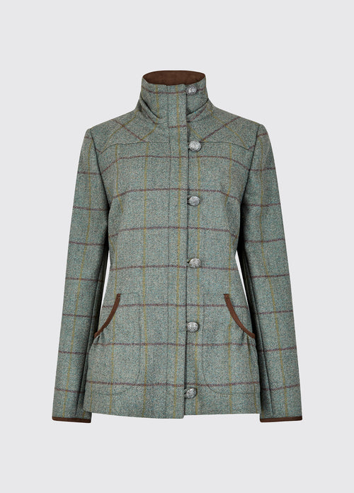Dubarry women's Bracken Tweed Sorrel Coat with eye-catching cast metal buttons, full-length zip and stand-up collar.