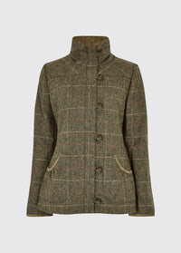 Dubarry women's Bracken Thistle Tweed Coat with metal buttons, high collar and full-length zip.