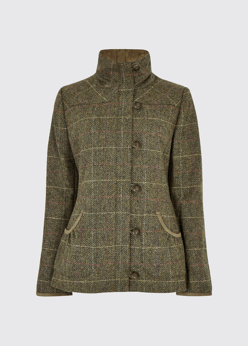 Dubarry women's Bracken Thistle Tweed Coat with metal buttons, high collar and full-length zip.