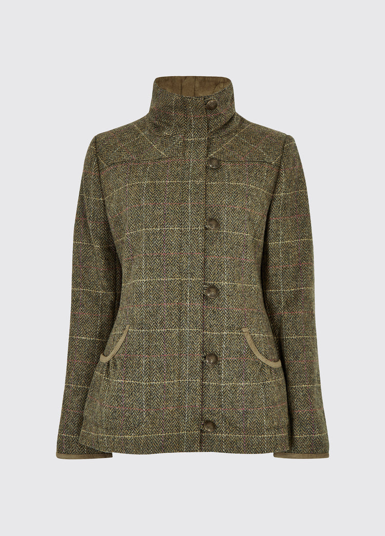 Dubarry women's Bracken Thistle Tweed Coat with metal buttons, high collar and full-length zip.