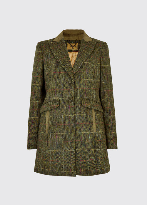 Dubarry women's Treefern Tweed thistle jacket with smart button fastenings and pockets are trimmed with suede. 