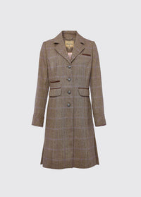Dubarry women's Blackthorn Tweed Woodrose Coat is a three-quarter-length tailored jacket with side splits, besom pockets and chain-hang loop.