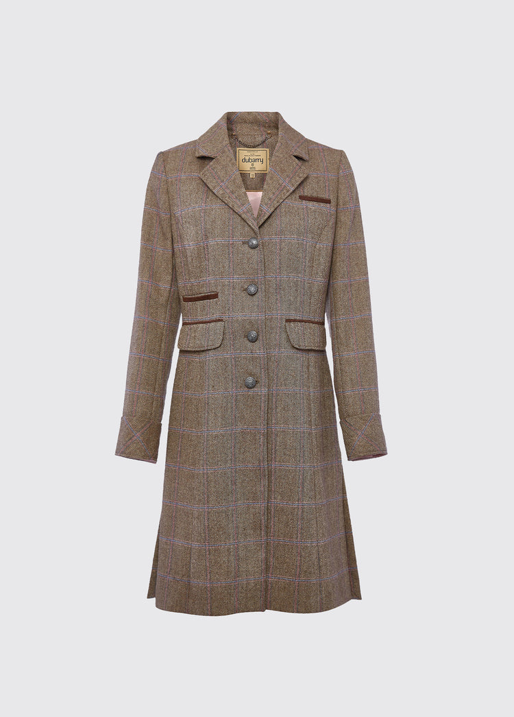 Dubarry women's Blackthorn Tweed Woodrose Coat is a three-quarter-length tailored jacket with side splits, besom pockets and chain-hang loop.
