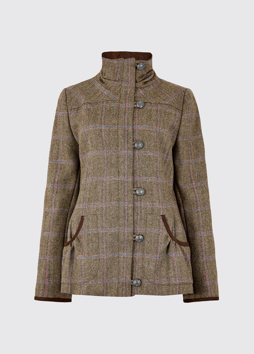 Dubarry women's Bracken Woodrose Tweed Coat with metal buttons, high collar and full-length zip.