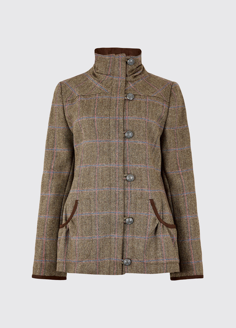 Dubarry women's Bracken Woodrose Tweed Coat with metal buttons, high collar and full-length zip.