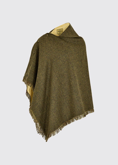 Dubarry women's Hazelwood Tweed Heath Poncho. A poncho coated with wool and buttons on one side.