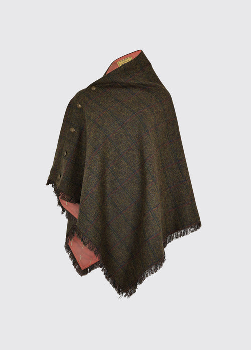 Dubarry women's Hazelwood Tweed Hemlock Poncho coated 100% pure new wool, functional button detail on one side and fabric fringe.