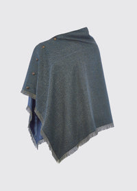 Dubarry women's Hazelwood Tweed Mist Poncho with functional button detail on one side and fabric fringe.