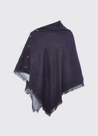 Dubarry women's Hazelwood Tweed Navy Poncho coated 100% pure new wool, functional button detail on one side and fabric fringe.