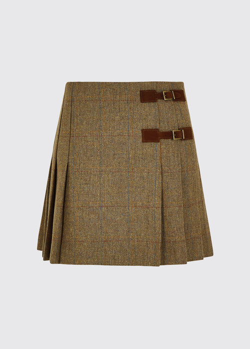 Dubarry women's Blossom Tweed burren Skirt with stitched-down knife pleats on each side and two buckled leather tabs.