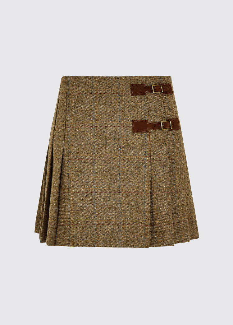 Dubarry women's Blossom Tweed burren Skirt with stitched-down knife pleats on each side and two buckled leather tabs.