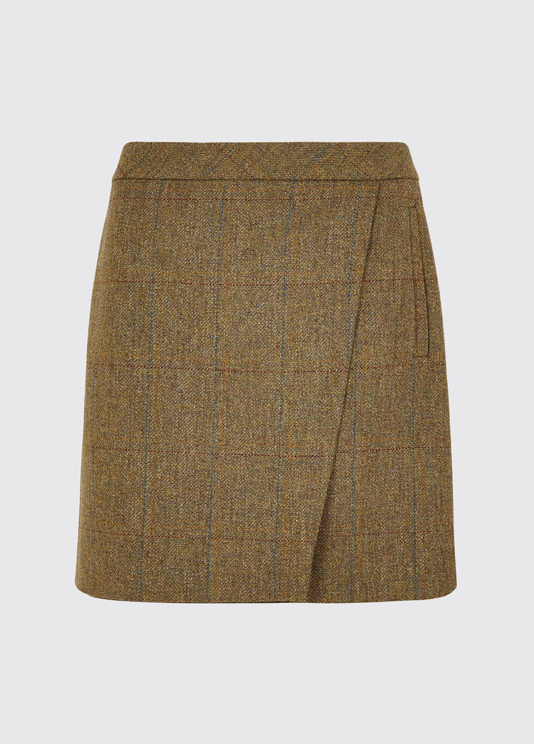 Dubarry women's Buckthorn Tweed Burren Skirt with zip at the back and two functional welted front pockets.