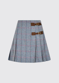 Dubarry women's Blossom Tweed Denim Haze Skirt with two buckled leather belts
