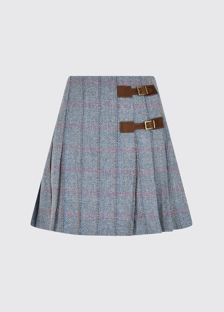 Dubarry women's Blossom Tweed Denim Haze Skirt with two buckled leather belts