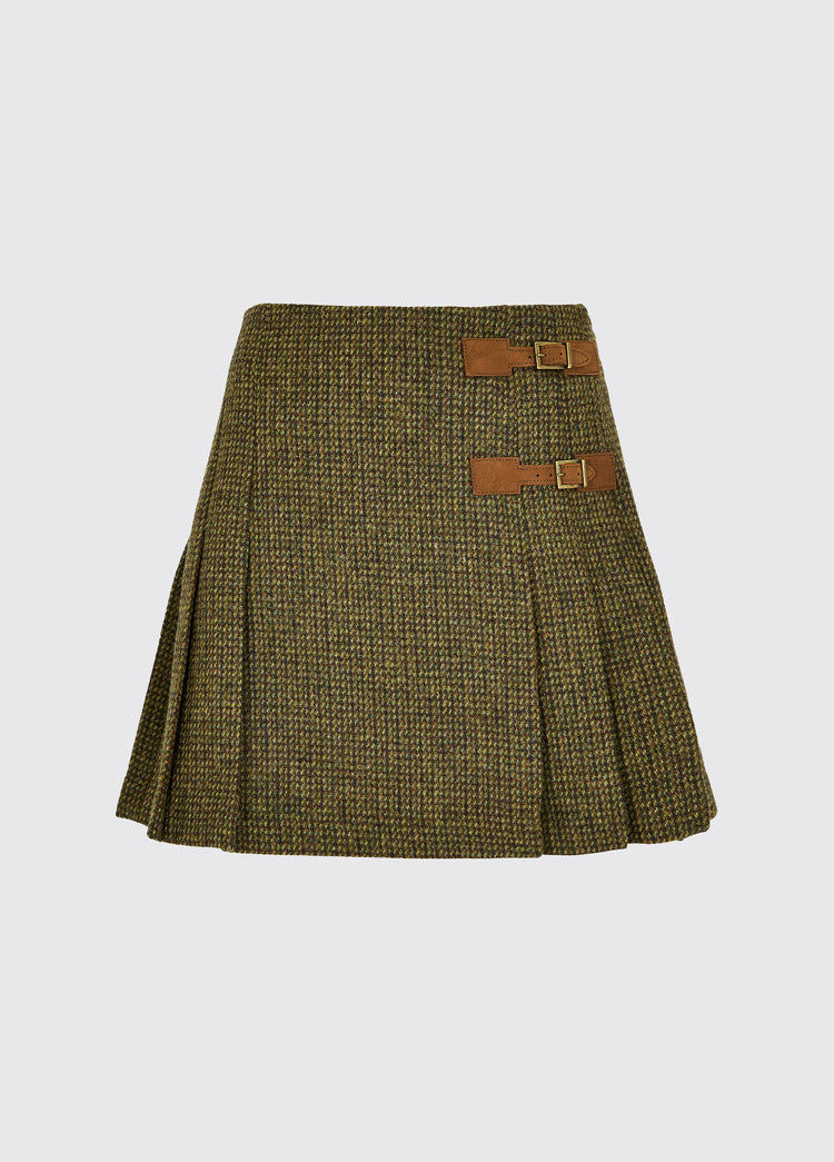Dubarry women's Blossom Tweed heath Skirt with stitched-down knife pleats on each side and two buckled leather tabs.